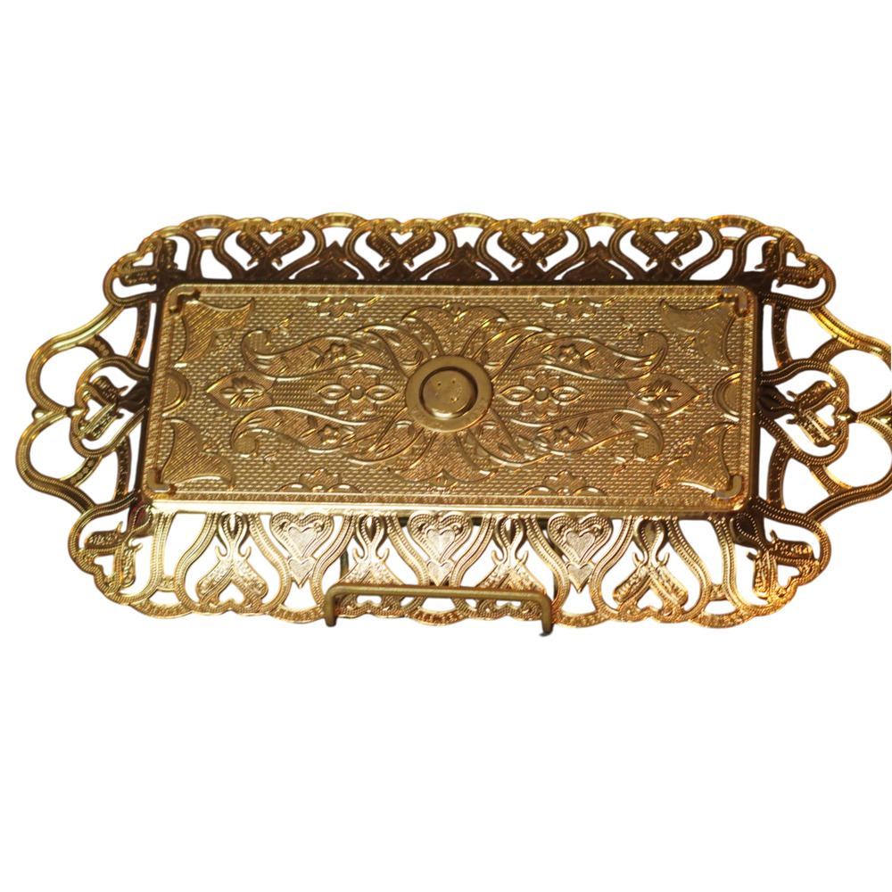 Gold Turkish Tea Serving Tray Ornate Metal Filigree Handles Small 13” Decorative - Picture 5 of 8